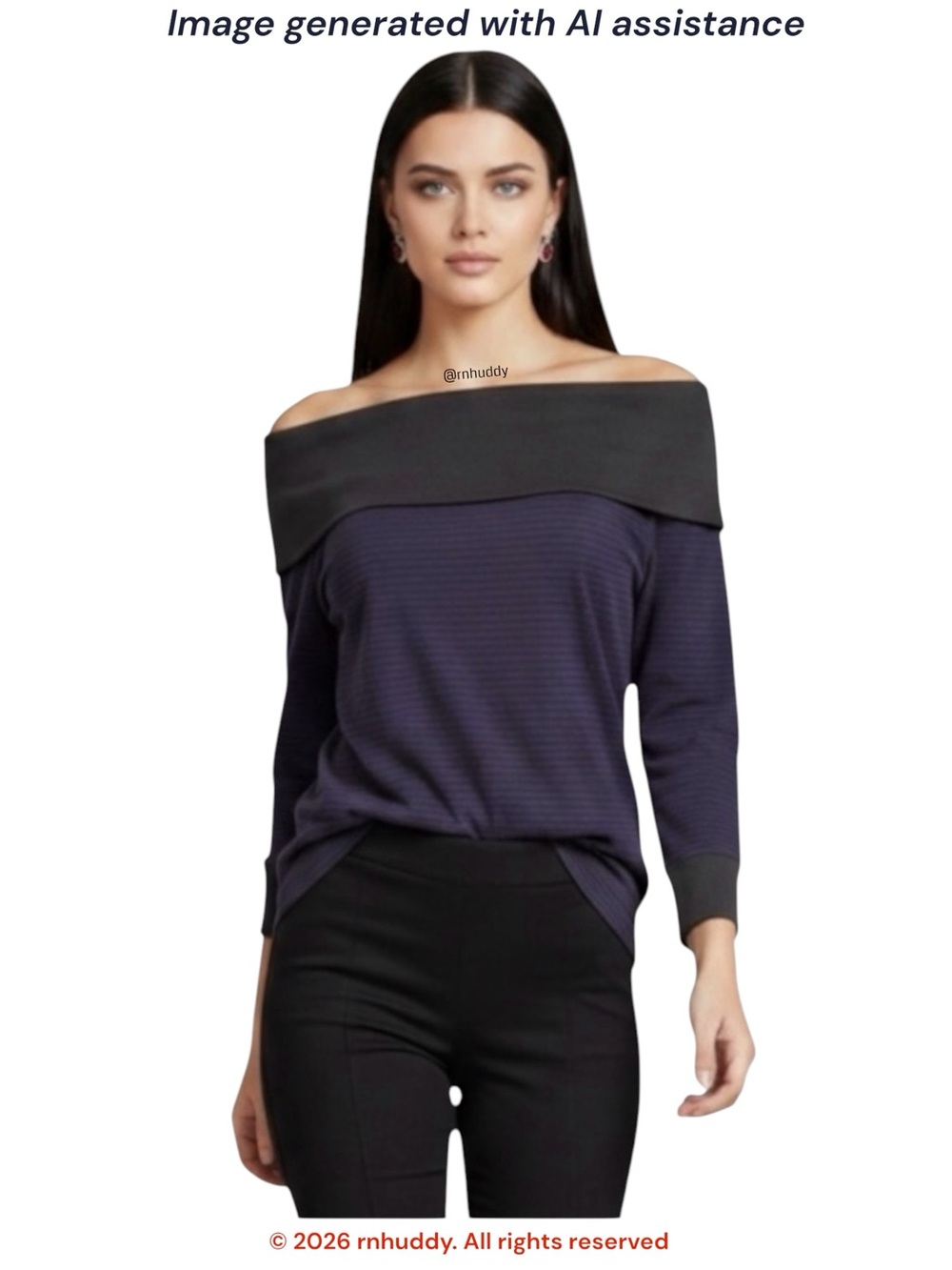 Lauren Ralph Lauren M purple black striped off shoulder 3/4 sleeve top